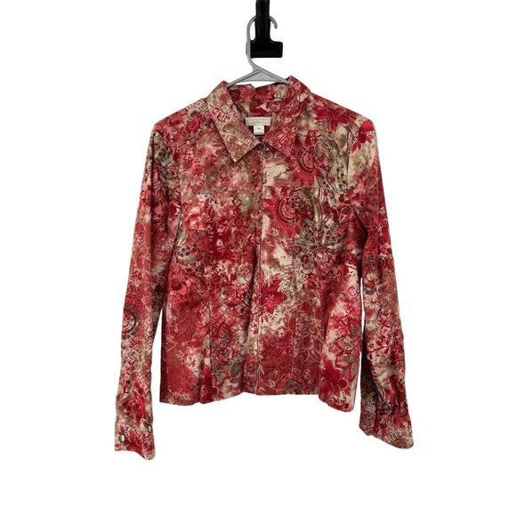 Christopher & Banks Jacket Womens M Red Multi Corduroy Zip Front Embroidered - Picture 1 of 16